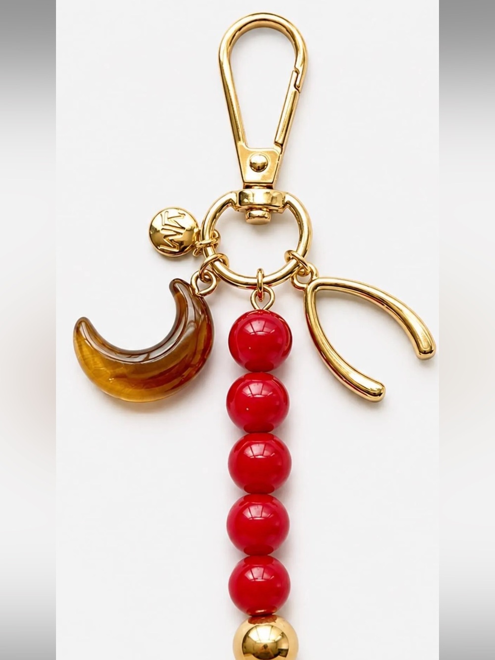 Gold-Tone Charm Bag Charm or  Keychain with Red Beads and Amber Moon